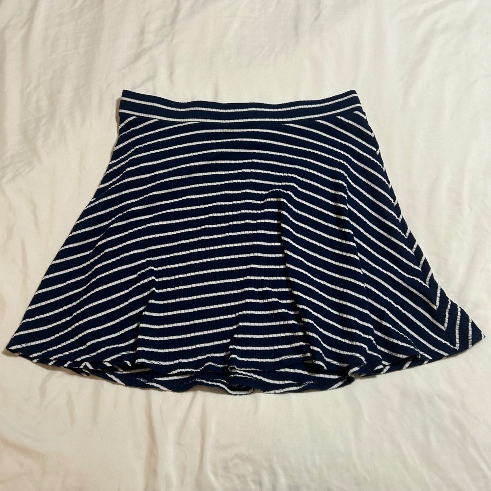 French Grey Navy Blue White Striped Ribbed Knit Mini Skater Skirt Womens Medium